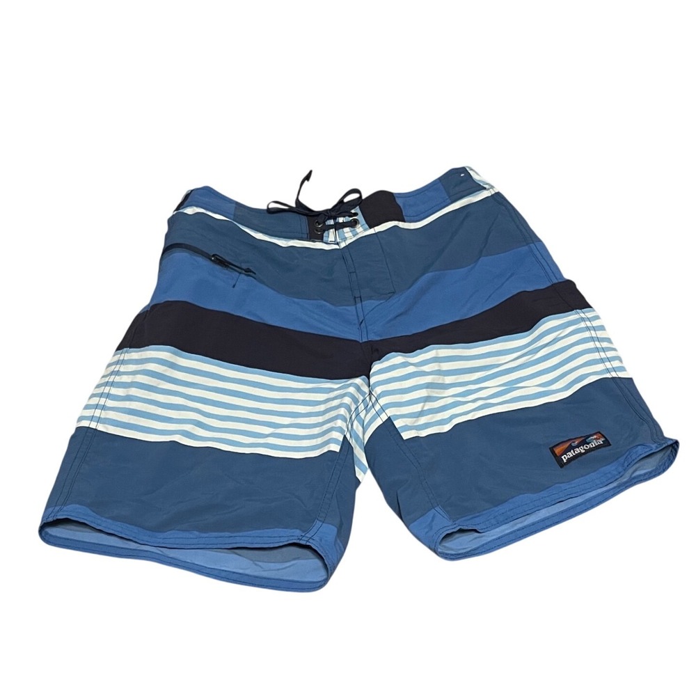 Patagonia Mens‎ Board Shorts Size 30 Blue Striped Swim Trunks 8 Inch Inseam H65